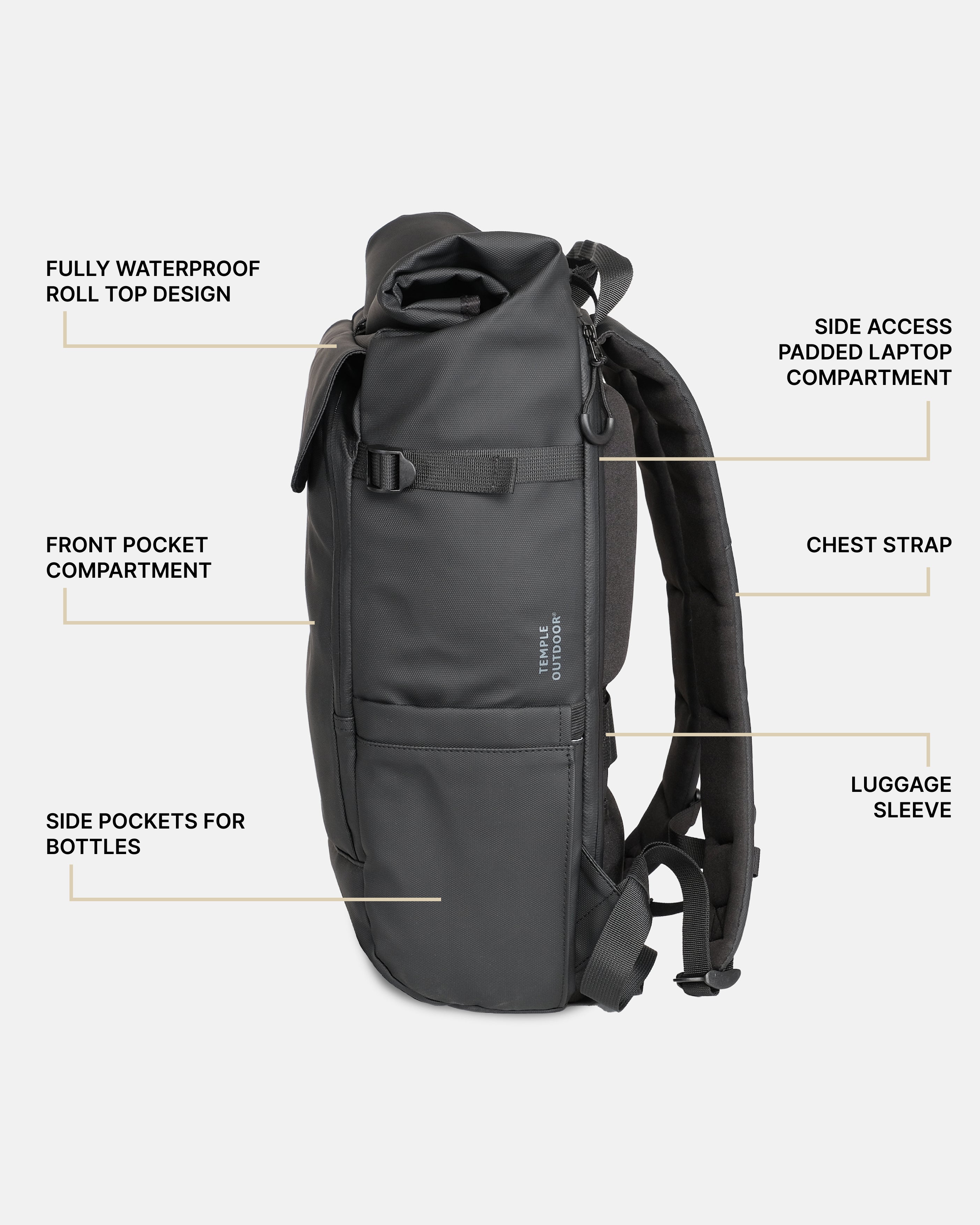 Roll Top Backpack - Black - Temple Outdoor