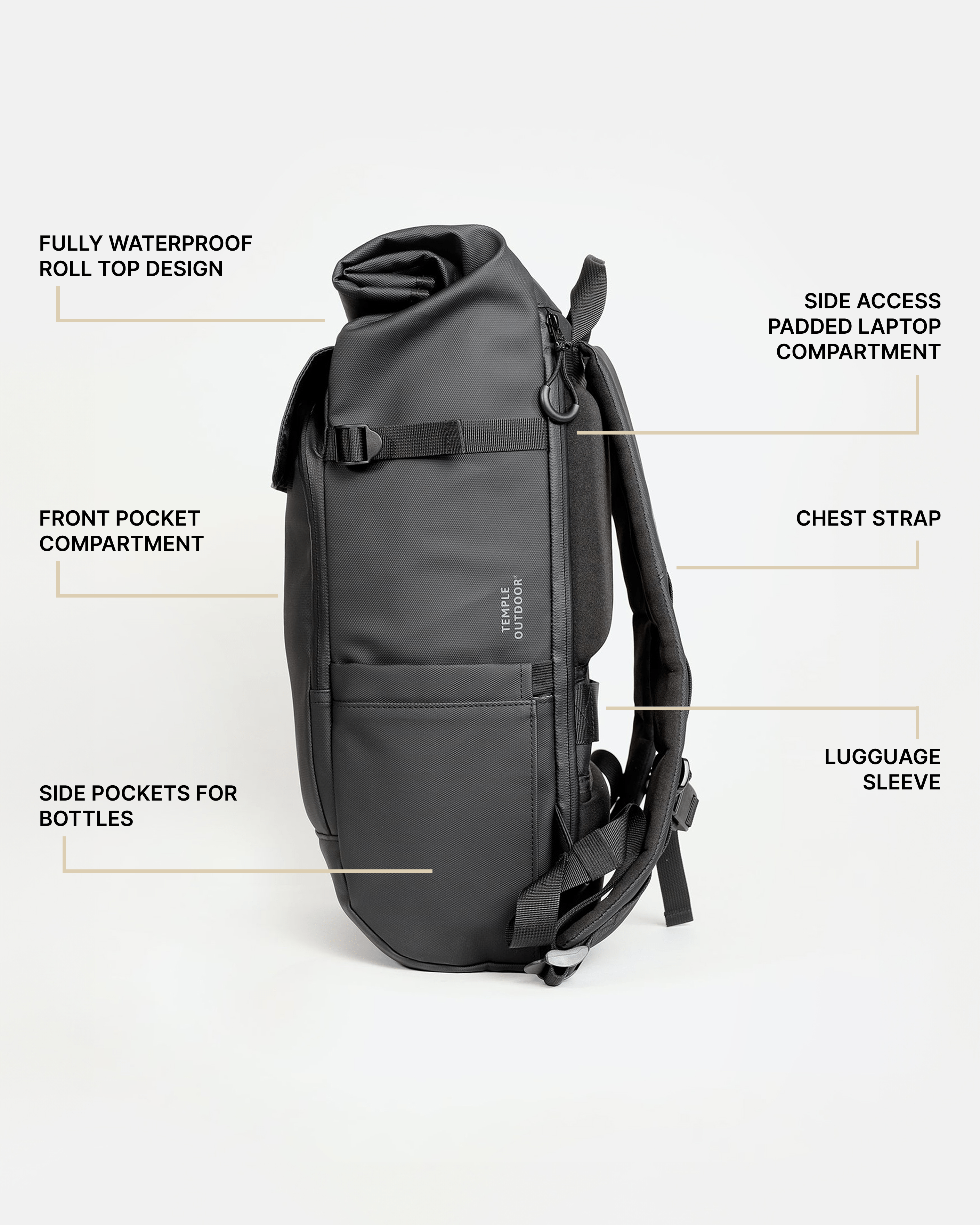Roll Top Backpack - Black - Temple Outdoor